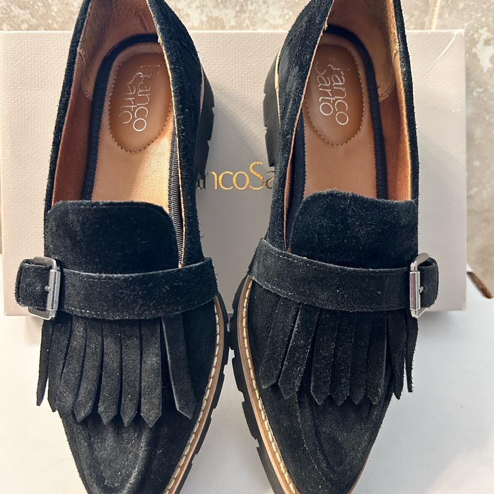 Franco Sarto Black Suede Fringe Loafers